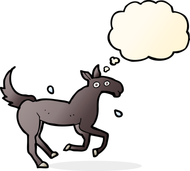 Bir insan tarafından çizilmiş düşünce baloncuğuyla terleyen at.