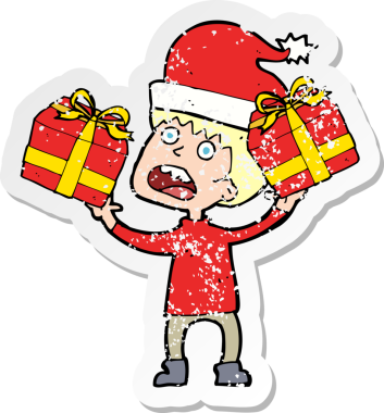 Bir insan tarafından çizilmiş Noel 'e hazır karikatürcü bir adamın gerilimli çıkartması.