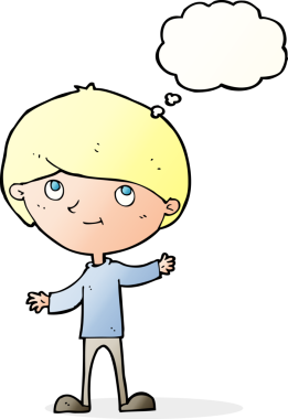 Bir insan tarafından çizilmiş düşünce balonu olan mutlu çocuk çizgi filmi.