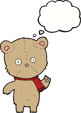 Bir insan tarafından çizilmiş düşünce balonlu oyuncak ayıyı sallayan çizgi film.