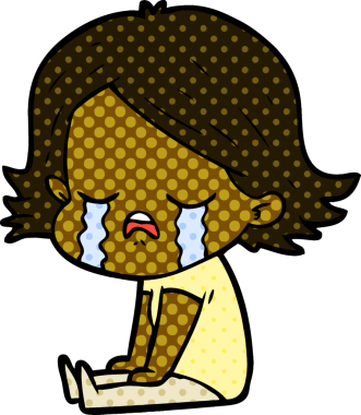 Çizgi filmdeki ağlayan kız bir insan tarafından çizilmiş yerde oturuyor.