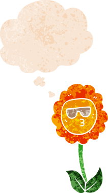 Düşünce baloncuğu ve grunge desenli karikatür çiçeği bir insan tarafından çizilmiş.