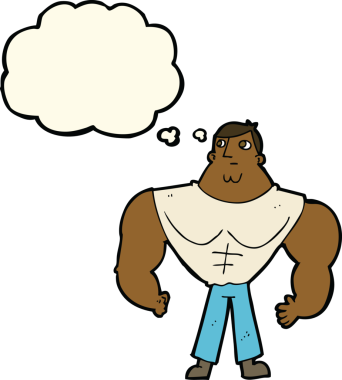 Bir insan tarafından çizilmiş düşünce baloncuğu olan karikatür vücut geliştirici.