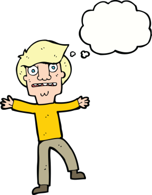 Bir insan tarafından çizilen düşünce baloncuğuyla panikleyen çizgi film çocuğu.