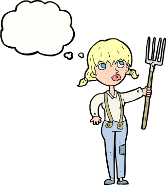 Bir insan tarafından çizilmiş düşünce balonlu çiftçi kız.