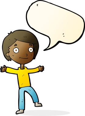 Bir insan tarafından çizilmiş konuşma balonu olan heyecanlı bir çocuk.