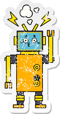 Bir insan tarafından çizilmiş arızalı bir robot çizgi film çıkartması.