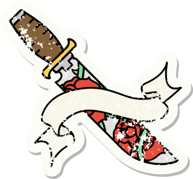 Bir hançer bayrağı ve bir insan tarafından çizilmiş çiçekler olan eski bir etiket.