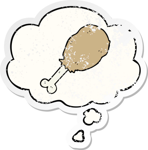 Düşünce baloncuğu olan tavuk budu çizgi film karakteri insan tarafından çizilmiş yıpranmış bir çıkartma.
