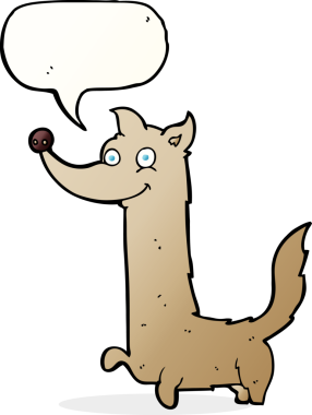 bir insan tarafından çizilmiş konuşma balonlu mutlu bir köpek.