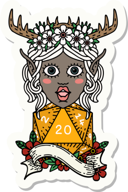 Bir insan tarafından çizilmiş 20 zarlı elf Druid karakterinin çıkartması.