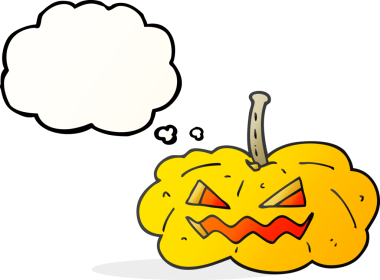 Serbest çizim düşünce baloncuğu karikatürü Cadılar Bayramı balkabağı bir insan tarafından çizildi