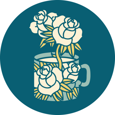 Bir fincan ve bir insan tarafından çizilmiş çiçeklerin ikonik dövme şekli