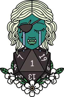 Retro Dövme Tarzı Ağlama Yarı Ork haylaz karakter Doğal bir D20 rulo ile bir insan tarafından çizilmiş