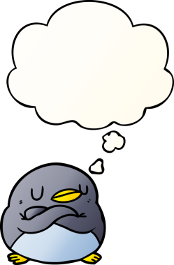 Düşünce baloncuğu olan karikatür pengueni bir insan tarafından çizilmiş.