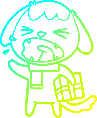 Bir insan tarafından çizilmiş noel hediyeli şirin bir köpeğin soğuk gradyan çizimi.