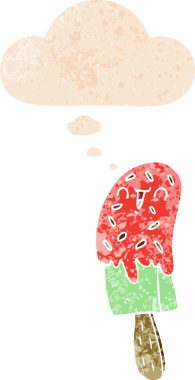 Düşünce baloncuğu ile çizgi film buz lolipopu grunge sıkıntılı retro dokuma tarzı bir insan tarafından çizilmiş