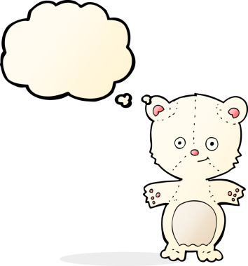 Bir insan tarafından çizilmiş düşünce baloncuklu mutlu kutup ayısı çizgi filmi.