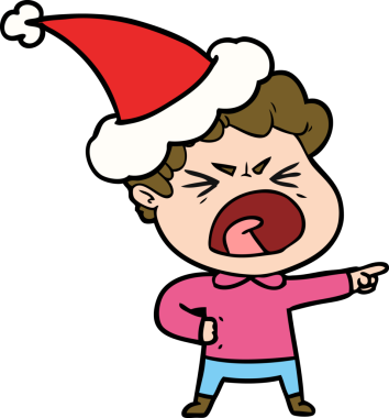 Bir insan tarafından çizilmiş Noel Baba şapkası giyen öfkeli bir adamın el çizimi.