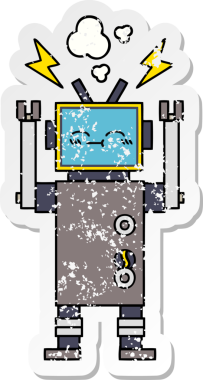 Bir insan tarafından çizilmiş sevimli bir robot çizgi film çıkartması.