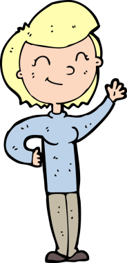 Bir insan tarafından çizilmiş, çizgi film dostu el sallayan kadın.