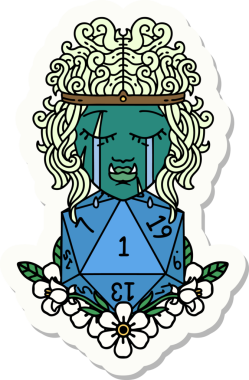 Hüzünlü bir ork barbar karakterinin çıkartması. Doğal bir d20 ruloyla bir insan tarafından çizilmiş.