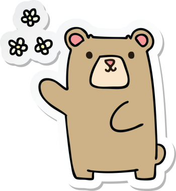 Garip bir el çıkartması çizilmiş bir ayı ve bir insan tarafından çizilmiş çiçekler.