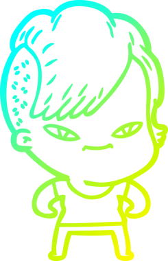 Hipster saç kesimi bir insan tarafından çizilmiş hoş bir çizgi film kızı çizimi.