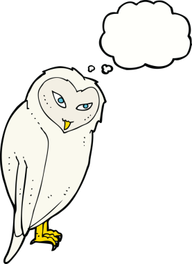 Bir insan tarafından çizilmiş düşünce baloncuklu çizgi film baykuşu