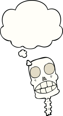 Bir insan tarafından çizilmiş düşünce baloncuklu garip kafatası.