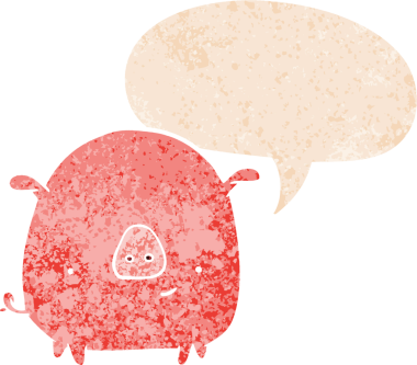 Bir insan tarafından çizilmiş grunge dertli retro tarzı konuşma baloncuklu çizgi film domuzu