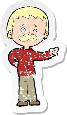 Bir insan tarafından çizilmiş bıyıklı bir çizgi film karakterinin gerilemiş retro yapıştırması.