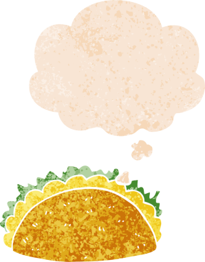 Düşünce baloncuklu çizgi film taco bir insan tarafından çizilmiş sıkıntılı retro dokuma tarzı