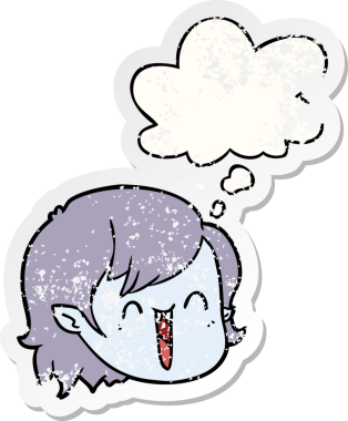 Düşünce baloncuklu karikatür vampiri yüzü bir insan tarafından çizilmiş yıpranmış bir çıkartma gibi.