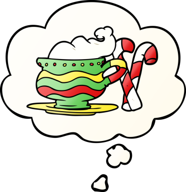 Bir insan tarafından çizilmiş yumuşak eğimli düşünce baloncuklu noel kakaosu.