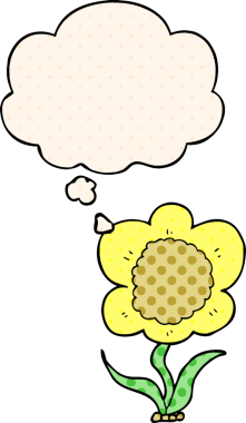 Bir insan tarafından çizilmiş, düşünce baloncuklu çizgi film çiçeği.