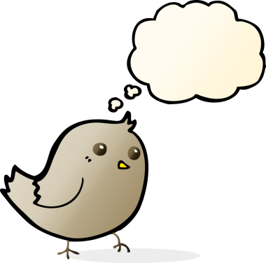 Bir insan tarafından çizilmiş düşünce baloncuklu çizgi film kuşu.