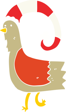 Bir insan tarafından çizilmiş komik Noel şapkalı düz renkli çizgi film tavuğu.