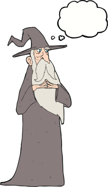 Bir insan tarafından çizilmiş düşünce baloncuğu olan yaşlı bir sihirbaz.
