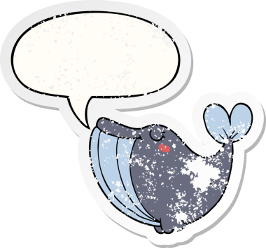 Konuşma baloncuğu olan karikatür balinası bir insan tarafından çizilmiş sıkıntılı eski bir çıkartma