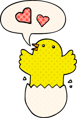 Bir insan tarafından çizilmiş, çizgi roman tarzında konuşma baloncuğu olan, yumurtadan çıkan tatlı bir kız çizgi filmi.