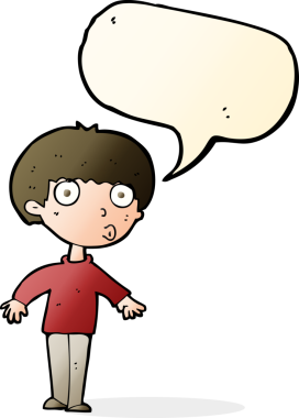 Bir insan tarafından çizilmiş konuşma balonuyla şaşırmış bir çocuk.