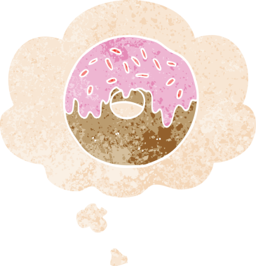 Düşünce baloncuklu çizgi film donutu grunge sıkıntılı retro desenli bir insan tarafından çizilmiş