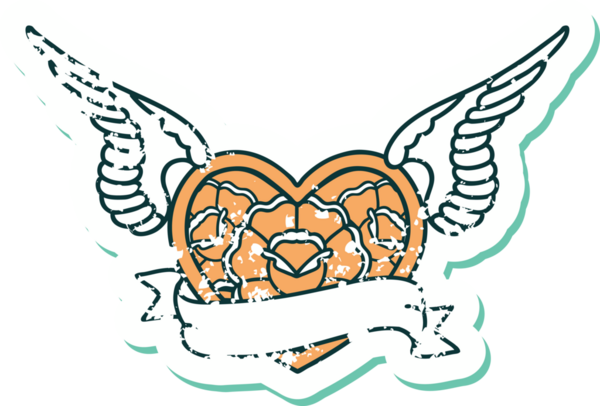 Bir insan tarafından çizilmiş çiçek ve pankartıyla uçan bir kalbin sembolik dövmeli resmi.