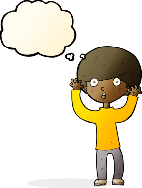 Bir insan tarafından çizilmiş düşünce baloncuğu ile ürkmüş bir çocuk.