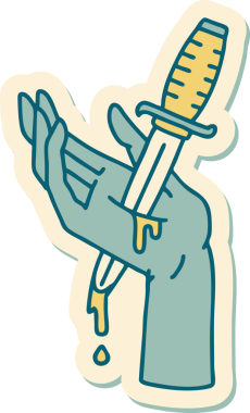 Bir insan tarafından çizilmiş eline geleneksel bir hançer stili dövme çıkartması.