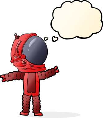 Bir insan tarafından çizilmiş düşünce baloncuklu astronot.