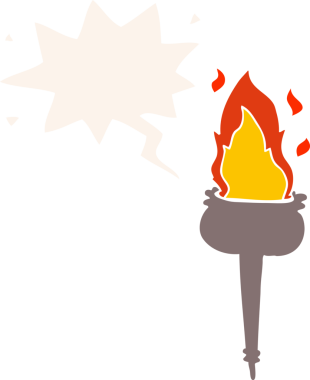 Bir insan tarafından çizilmiş eski tarz konuşma baloncuğu ile yanan karikatür kadehi.