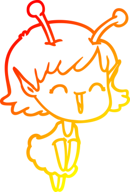 Bir insan tarafından çizilen gülen uzaylı bir kızın sıcak çizgi çizimi.