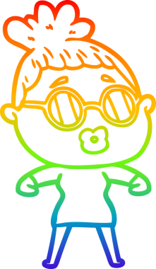 Bir insan tarafından çizilmiş gözlük takan bir karikatür kadının çizimi.